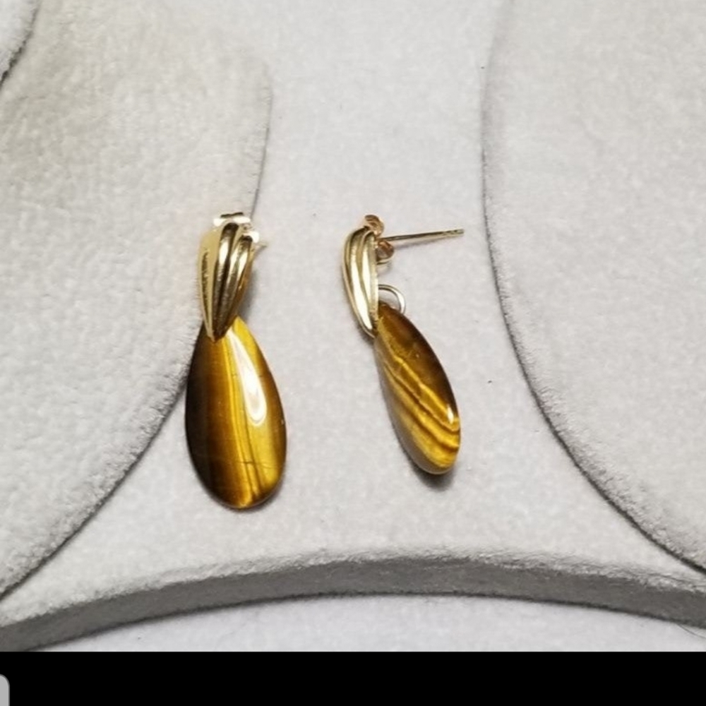 Ross Simons 14k yellow gold Tiger eye Dangle earrings 14kt 585 - Picture 3 of 8